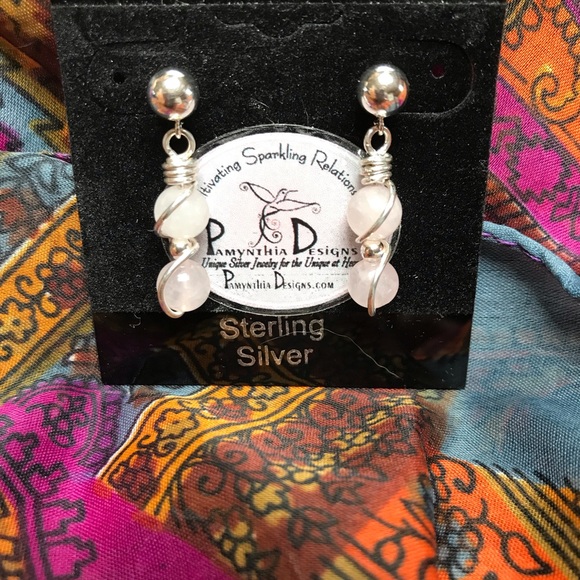 Rose Quartz Earrings- Rose Quartz Sterling Silver Dangle Stud Earrings - Picture 3 of 4